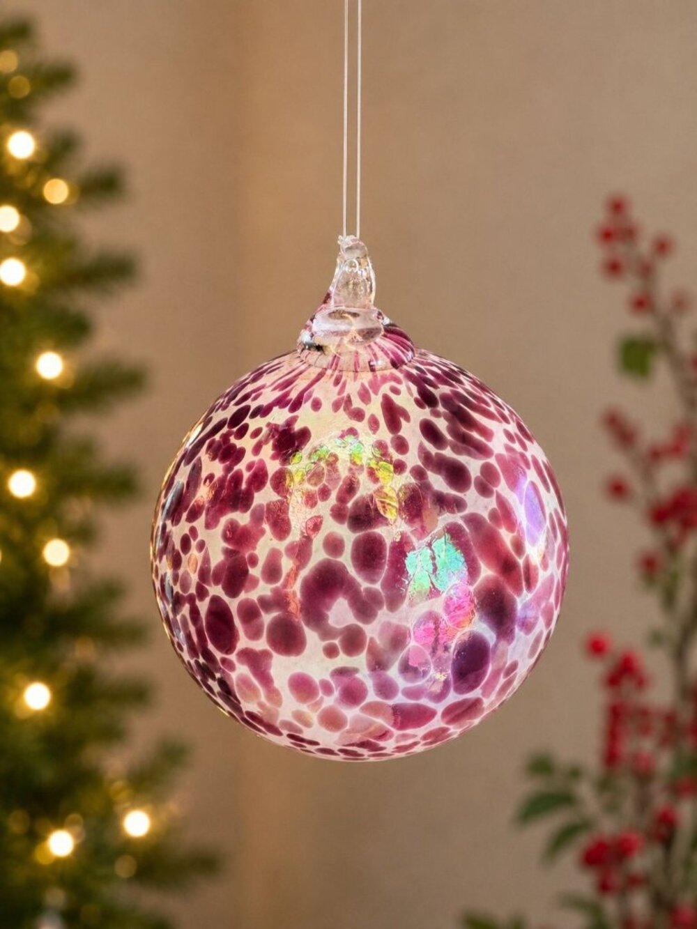 Hand Blown Art Glass Friendship Ball Purple Cranberry Spot Iridescent 3"